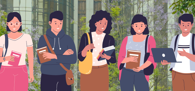 Library patrons walking outdoors with books, laptops, and notebooks. 