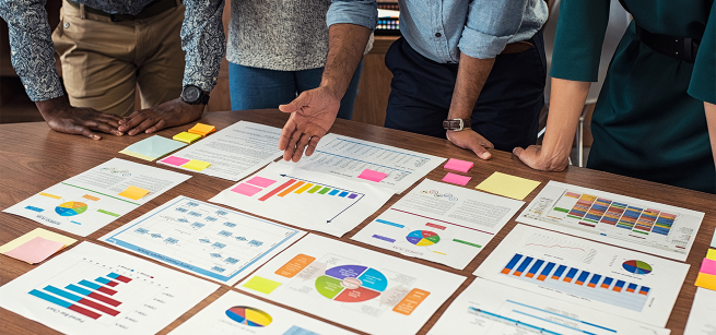 four adults looking at documents that outline business plans