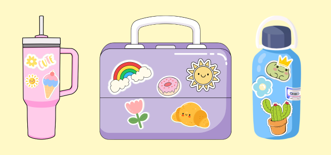 A lunch box and two water bottles covered in stickers.