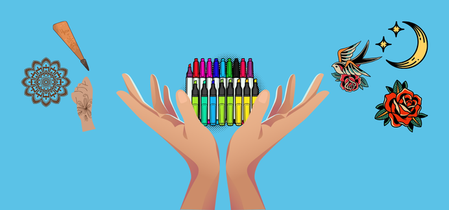 A pair of hands holding markers alongside henna and tattoo graphics.