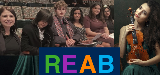 Teacher and students in seats with violinist