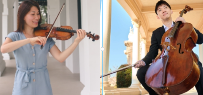 On one side person playing violin and on the other side person playing cello.