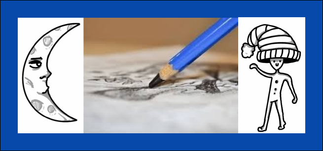 Drawing of a moon, a character wearing a hat waving, and a pencil sketching on paper.