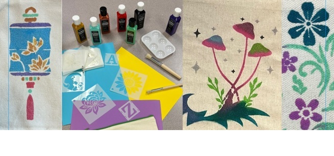 Various dipictions of stencils & fabric paint and finished paint on canvas designs.