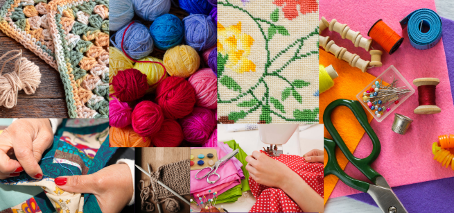 Photo of different kinds of fiber arts: knitting, sewing, cross stitch and more