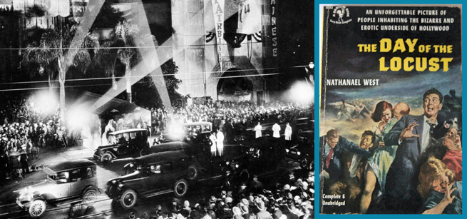 Black and white photo of movie premiere at Grauman's Chinese Theatre alongside the vintage cover of the book, The Day of the Locust