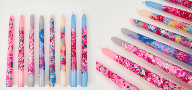 Colorful decorated taper candles.