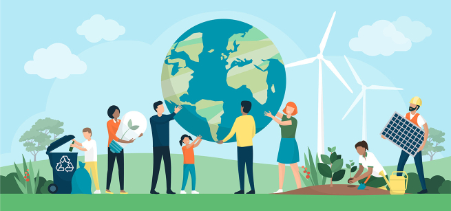Cartoon people holding up globe and recycling 