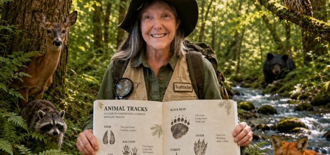 A white woman wearing a nature vest and hat and holding up a book image with animal tracks drawn on it. Background is a forest, stream and photos of an owl, fox, deer, racoon and a bear