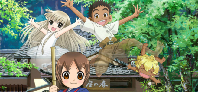 Girl in front of Japanese inn with friendly ghosts floating behind 
