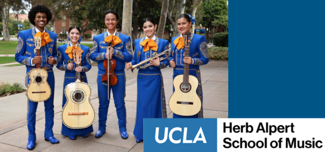 Photo of the gluck mariachi ensemble + ucla logo 