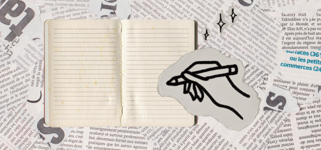 An image of a notebook and hand writing with a pencil amongst a newspaper background.
