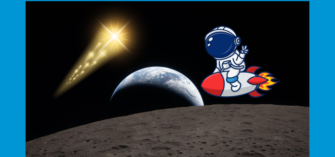 picture if the earth from someone on the moon with an animated astronaut riding a rocket and a animated shooting star