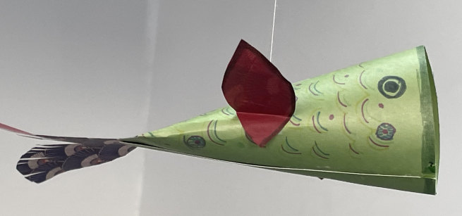 A hanging Koinobori fish made out of paper. 
