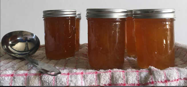 a spoon and four jars of jam atop a plaid tablecloth