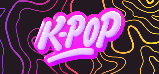 The word "K-Pop" against a background with colorful wavy lines