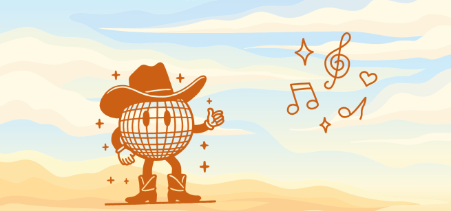 a cowboy cartoon and music notes in a desert