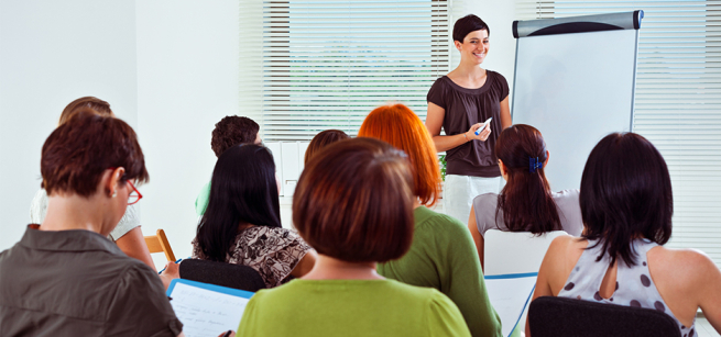 A person presenting in front of several people.