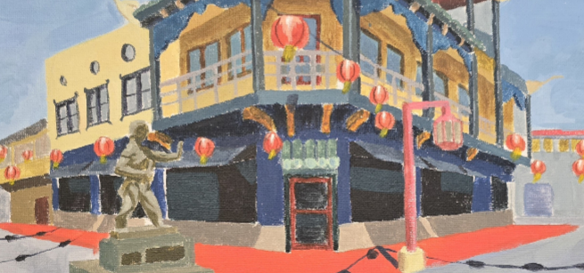 Painted image of a building with a statue, laterns, using the colors red, tan, yellow, gray, blue and orange
