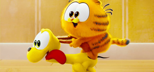 Baby Garfield riding the dog Odie like a pony.