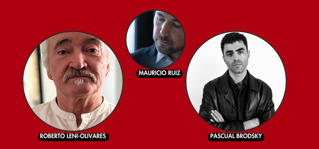 Three panel participants on a red background.