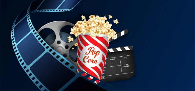 dark blue image with popcorn, film, and film canister in the forground