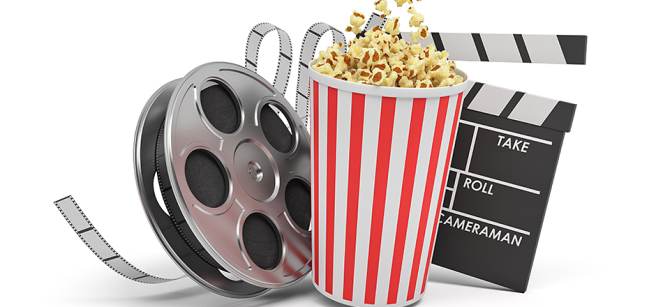 Photo consists of movie film role, popcorn, and director's marker.
