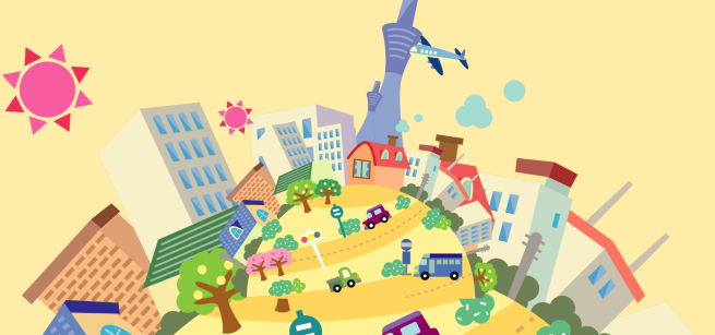 Animated rounded city skyline brightly illustrated