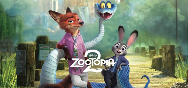 Zootopia 2 movie title in front of a a fox, snake, and bunny standing on the end of a dock