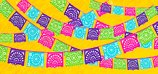 illustration of strings of colorful papel picado banners