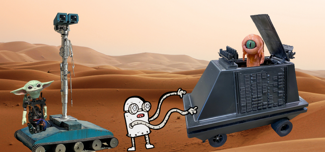 several robots (including yoda) roam a desert