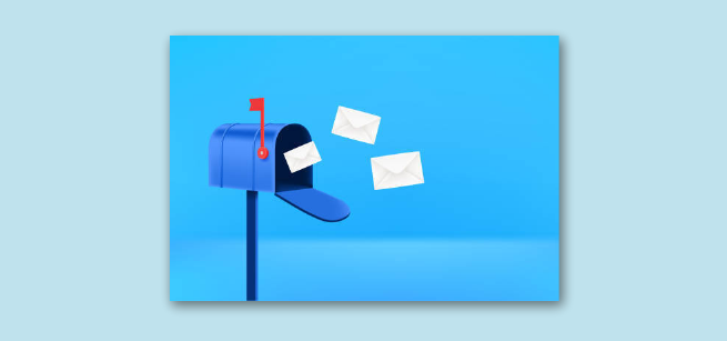 An open blue mail box with three white envelopes flying out of it