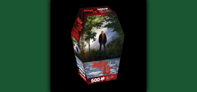 Cover of a puzzle box, man with mask standing by lake