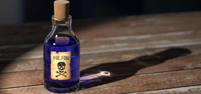A color photo of a glass bottle filled with purple liquid and the poison symbol on the front, Image by qimono from Pixabay