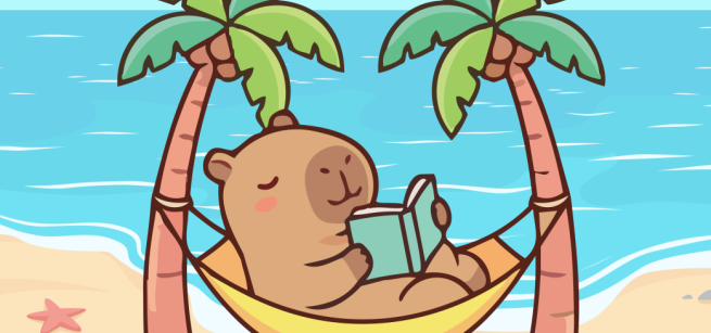 A capybara reading a book in a hammock on the beach.  