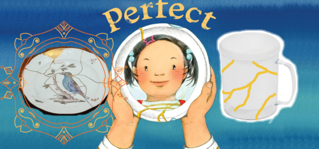 A picture from Waka T. Brown's "Perfect" with a girl looking at her reflection from a broken plate fixed with kintsugi gold glue