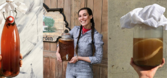 The photograph on the left is a bottle of kombucha. In the middle is Brie holding a jug of kombucha. To the right is a jar of kombucha.