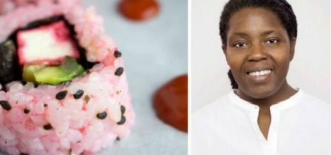 To the left is a close-up photo of a sushi roll. To the right is a photo of Acooba, wearing a white shirt and smiling.