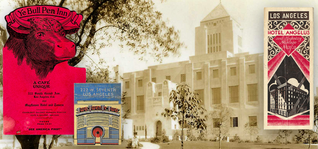Black and white postcard of Central Library alongside a menu, matchbook and brochure of nearby businesses.