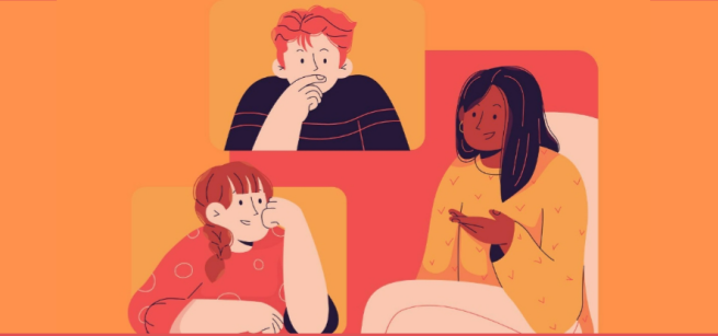 An illustration of three teens talking against a red and orange background.
