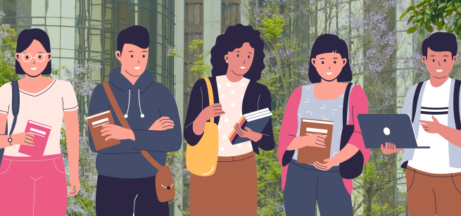 five teens holding books and a laptop in their hands while conversing 