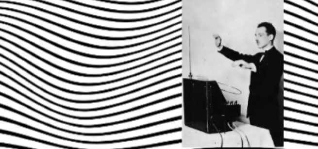 Leon Theremin playing a Theremin, surrounded by wavy lines.