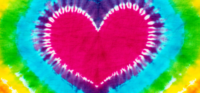 image shows a rainbow tie dye pattern in the shape of a heart