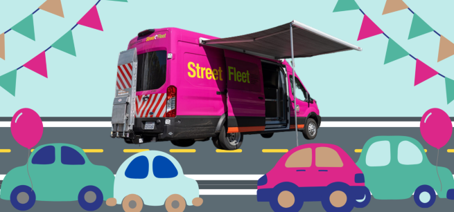 Illustrated assorted cars and a mobile outreach truck for LAPL, Raspberry