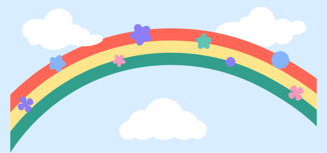 illustrated rainbow, clouds, and flowers
