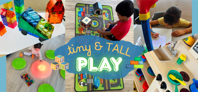 kids playing with toys, play kitchen, and light tables