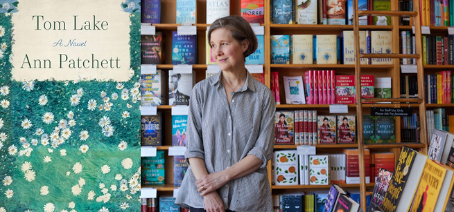 Cover art of "Tom Lake" by Ann Patchett & a picture of the author with bookshelves in the background..