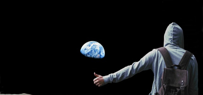 A figure in space, looking at the earth, making a hitchhiking gesture with thumb, Image by Tumisu from Pixabay