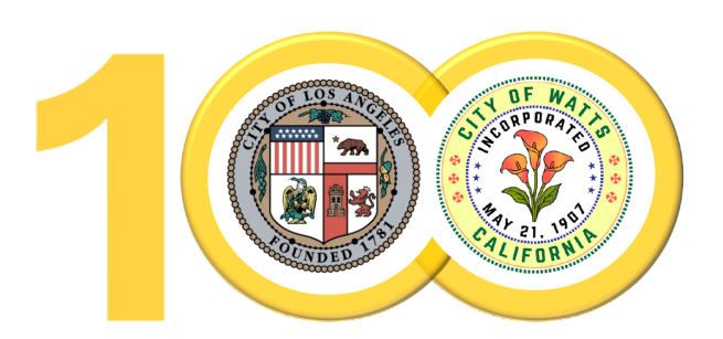 number 100 with the City of Los Angeles and Watts logo