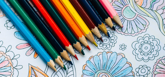 Colored pencils and a coloring sheet